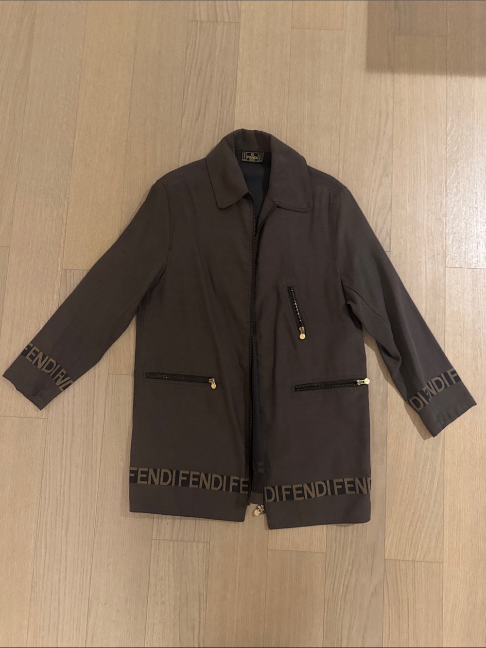 Fendi Vintage Brown Logo-Trim Lightweight Zip Shirt Jacket